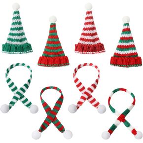 8Pcs Christmas Mini Knit Doll Hat and Scarf for Crafts, Small Santa Knit Hat Snowman Scarf Christmas Doll Knit Decoration for DIY Craft Tiny Wine Bottle Elf Santa Doll Clothing Accessories