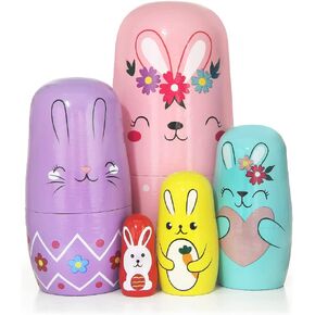 Set of 5 Bunny Russian Nesting Dolls,Easter Cute Rabbit Wooden Matryoshka Nesting Dolls with Garland Carrot Heart Pattern for Kids Stacking Christmas Birthday Easter Toy Gift Home Decoration