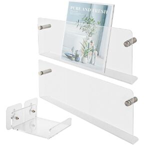 Acrylic Magazine Holder Wall Mounted, 2 Pcs 15.75" Hanging Magazine Rack with 1 Acrylic U-Shape Floating Wall Shelf for Waiting Room, Living Room, Office, Home (Color:Transparent)