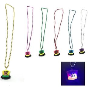 Pack of 12 Happy New Year Eve Assorted Metallic Party Bead Necklaces with Light up Hat Pendant