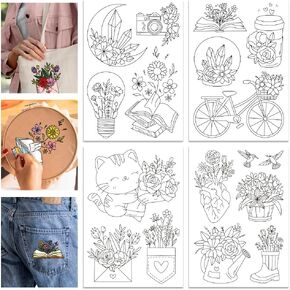GLOBLELAND 4 Sheets 11.7x8.3inch Bicycle and Book Stick and Stitch Water Soluble Stabilizer Flowers and Hummingbird Hand Embroidery for DIY Sewing Embroidery Adhesive Hand Sewing Stabilizers