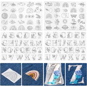 Qivine Embroidery Patterns Water Soluble, 100PCs Stick and Stitch Embroidery Paper Wash Away for Beginners, 4 Sheets Water Soluble Embroidery Patterns with Leaves Letter Pattern