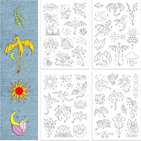 GLOBLELAND 4Sheets Dragon Water Soluble Embroidery Stabilizer Stars Hand Sewing Stabilizers Self Adhesive Washable Stick and Stitch Embroidery Stabilizer for Embroidery Beginners Cloth