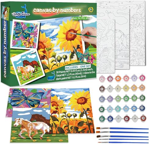 3 Pack Paint by Numbers for Kids Ages 8-12, Pre-Printed Acrylic Oil Painting, Includes (8x10, 8x9, 8x8 inch) Framed Canvas with 30 Acrylic Paint Pots, 5 Brushes for Kids, Art Supplies for Kids 9-12 in Kuwait