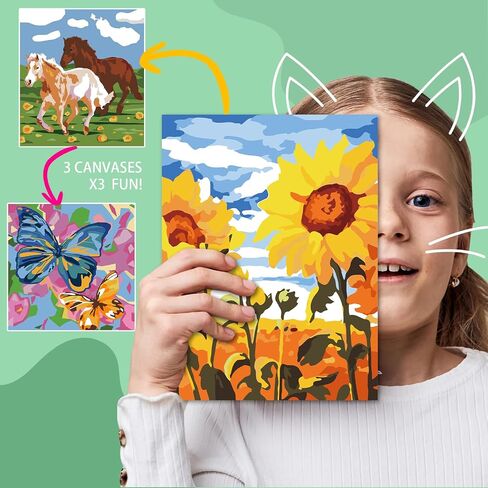 3 Pack Paint by Numbers for Kids Ages 8-12, Pre-Printed Acrylic Oil Painting, Includes (8x10, 8x9, 8x8 inch) Framed Canvas with 30 Acrylic Paint Pots, 5 Brushes for Kids, Art Supplies for Kids 9-12 in Kuwait