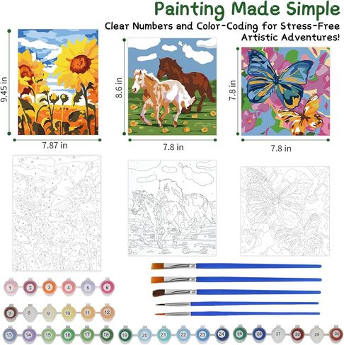 3 Pack Paint by Numbers for Kids Ages 8-12, Pre-Printed Acrylic Oil Painting, Includes (8x10, 8x9, 8x8 inch) Framed Canvas with 30 Acrylic Paint Pots, 5 Brushes for Kids, Art Supplies for Kids 9-12 in Kuwait