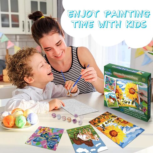 3 Pack Paint by Numbers for Kids Ages 8-12, Pre-Printed Acrylic Oil Painting, Includes (8x10, 8x9, 8x8 inch) Framed Canvas with 30 Acrylic Paint Pots, 5 Brushes for Kids, Art Supplies for Kids 9-12 in Kuwait
