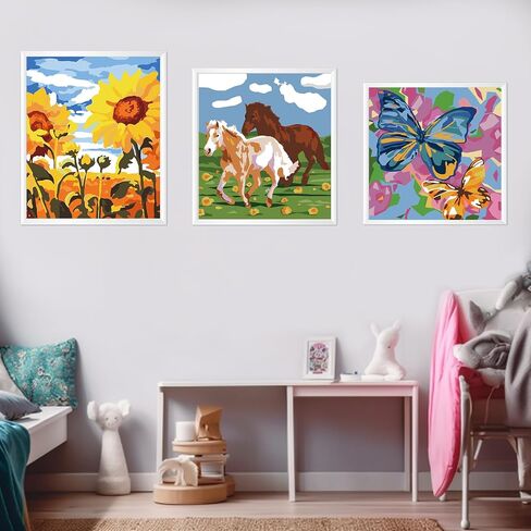 3 Pack Paint by Numbers for Kids Ages 8-12, Pre-Printed Acrylic Oil Painting, Includes (8x10, 8x9, 8x8 inch) Framed Canvas with 30 Acrylic Paint Pots, 5 Brushes for Kids, Art Supplies for Kids 9-12 in Kuwait