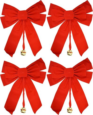 مجموعة مكونة من 2 من أقواس عيد الميلاد المخملية الحمراء الكبيرة مع جرس معدني متدلي - مقاس 25.4 سم × 38.1 سم للداخل فقط in Kuwait