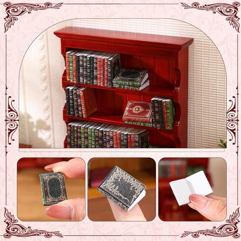 48 Pcs 1:12 Scale Dollhouse Miniatures Books with 1 Miniature Wooden Bookshelf Mini Bookcase Doll House Furniture Accessories for Mini Library Bedroom Decoration(Brown) in Kuwait