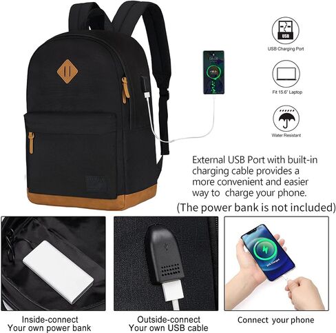 حقيبة ظهر كبيرة للكمبيوتر المحمول للسفر مع منفذ شحن USB للرجال والنساء، حقيبة ظهر مدرسية كلاسيكية للأولاد والبنات، حقيبة ظهر جامعية، حقيبة عمل، حقائب ظهر للسفر (18 بوصة/أسود) in Saudi Arabia