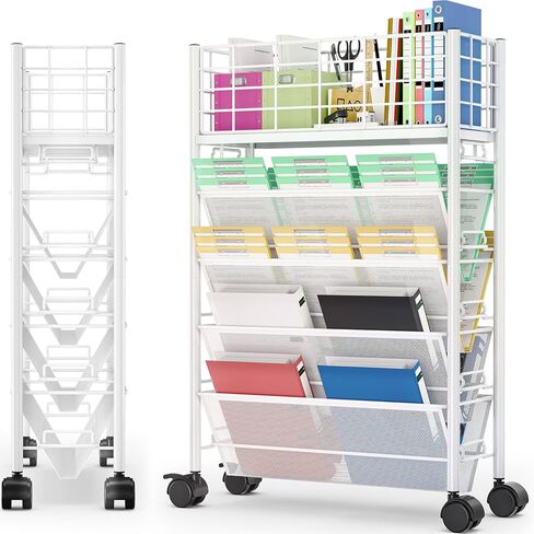 TOOLF 5 Tier Metal Rolling Book Cart, Movable Book Rack Storage Bookshelf, Utility Organizer Bookshelves for Kids Children Students Study in Bedroom Living Room Home School in Saudi Arabia