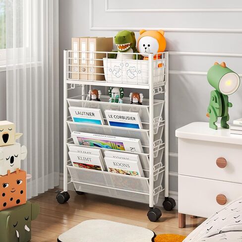 TOOLF 5 Tier Metal Rolling Book Cart, Movable Book Rack Storage Bookshelf, Utility Organizer Bookshelves for Kids Children Students Study in Bedroom Living Room Home School in Saudi Arabia