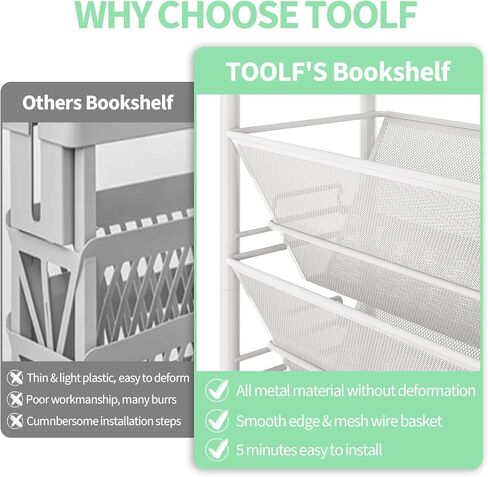 TOOLF 5 Tier Metal Rolling Book Cart, Movable Book Rack Storage Bookshelf, Utility Organizer Bookshelves for Kids Children Students Study in Bedroom Living Room Home School in Saudi Arabia