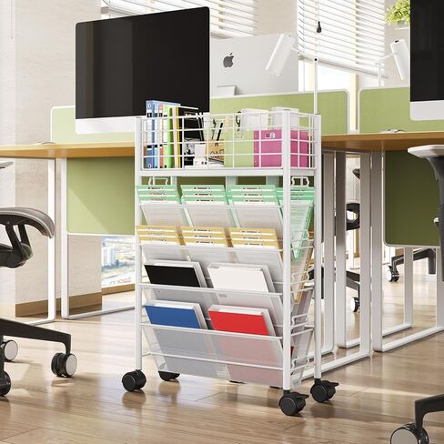 TOOLF 5 Tier Metal Rolling Book Cart, Movable Book Rack Storage Bookshelf, Utility Organizer Bookshelves for Kids Children Students Study in Bedroom Living Room Home School in Saudi Arabia