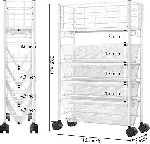 TOOLF 5 Tier Metal Rolling Book Cart, Movable Book Rack Storage Bookshelf, Utility Organizer Bookshelves for Kids Children Students Study in Bedroom Living Room Home School in Saudi Arabia