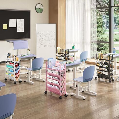 TOOLF 5 Tier Metal Rolling Book Cart, Movable Book Rack Storage Bookshelf, Utility Organizer Bookshelves for Kids Children Students Study in Bedroom Living Room Home School in Saudi Arabia