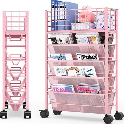 TOOLF 5 Tier Metal Rolling Book Cart, Movable Book Rack Storage Bookshelf, Utility Organizer Bookshelves for Kids Children Students Study in Bedroom Living Room Home School in Saudi Arabia