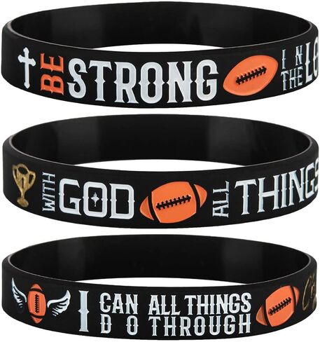 Sainstone Power of Faith Football Bible Silicone Bracelets with Inspirational Scriptures Ephesians 6:10, Matthew 19:26, Philippians 4:13, Motivational Wristbands Gifts for Sports, Men Women in Kuwait