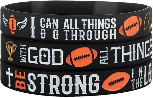 Sainstone Power of Faith Football Bible Silicone Bracelets with Inspirational Scriptures Ephesians 6:10, Matthew 19:26, Philippians 4:13, Motivational Wristbands Gifts for Sports, Men Women in Kuwait