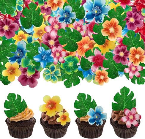 88pcs Tropical turtle back cupcake decoration, edible wafer paper green leaves colorful flowers Hawaiian series theme wedding birthday party plug-in(Turtle back leaves + flowers mixed 88 pcs) in Saudi Arabia