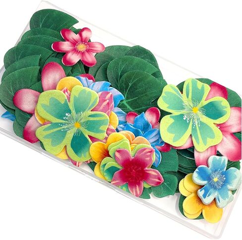 88pcs Tropical turtle back cupcake decoration, edible wafer paper green leaves colorful flowers Hawaiian series theme wedding birthday party plug-in(Turtle back leaves + flowers mixed 88 pcs) in Saudi Arabia