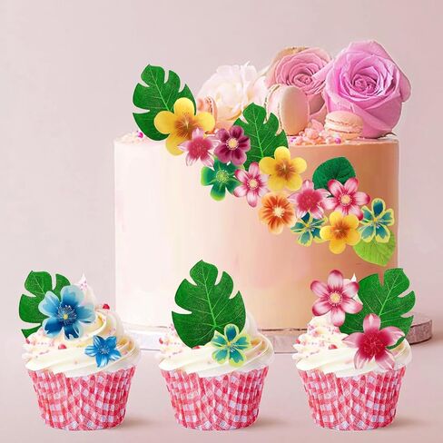 88pcs Tropical turtle back cupcake decoration, edible wafer paper green leaves colorful flowers Hawaiian series theme wedding birthday party plug-in(Turtle back leaves + flowers mixed 88 pcs) in Saudi Arabia
