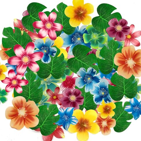 88pcs Tropical turtle back cupcake decoration, edible wafer paper green leaves colorful flowers Hawaiian series theme wedding birthday party plug-in(Turtle back leaves + flowers mixed 88 pcs) in Saudi Arabia