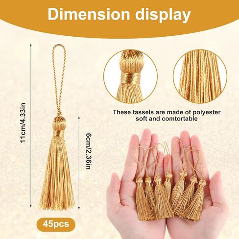 45PCS Gold Mini Bookmark Tassels with Cord Loops, 4.3inch/11cm Gold Handmade Silky Soft Craft, Small Tassels, Colorful Small Tassels for Bookmarks DIY Crafts Keychain Jewelry Making in Saudi Arabia