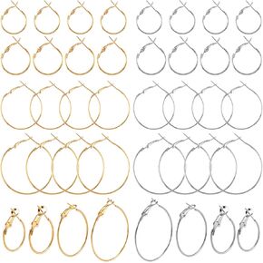 OIIKI 32 PCS Earring Hoops for Jewelry Making, Round Open Beading DIY Earrings Craft Accessories, Earring Kit for Making Earrings, Hypoallergenic Hoop Earrings Finding - Gold, Silver