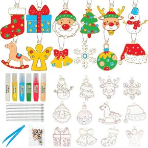 DIY Christmas Ornament Painting Craft - 31 PC Christmas Ornament Kit for Kids - Kids Ornament Painting Kit Includes 12 Transparent Ornaments, 6 Colorful Glues, 12 Keychains, Gems, Tweezers