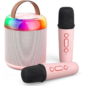 Mini Party Karaoke Machine Toy for Kids Audlts, Portable Bluetooth 5.3 Speaker Led Lights with 2 Wireless Microphones for Girls Boys Birthday, Holiday Stocking Stuffer Present Pink