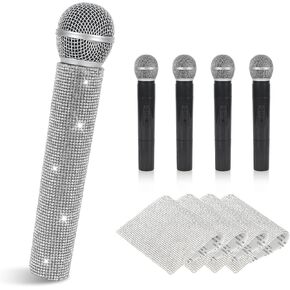 4 Sets Fake Microphone Prop with Self-Adhesive Rhinestone Stickers Glitter Plastic Play Microphone Prop Toy Bling Rhinestones Microphones Sleeve Cover for Disco Stage Cosplay Party Supplies