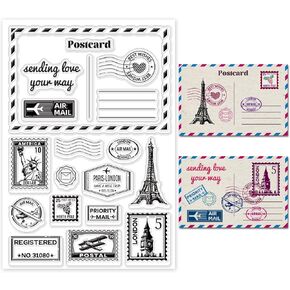 GLOBLELAND Postmark Postcard Stamps Vintage Air Tickets Clear Stamps Vintage Ticket Postcard Stamps Postcard Border Edge Silicone Halloween Christmas 4.33x6.3inch