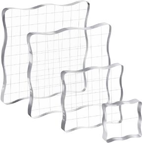 4 Pcs Acrylic Stamp Block with Grid Lines，Lace Edge Acrylic Blocks for Stamping ，Essential Stamping Tools for Scrapbooking DIY Crafts Making，Clear Stamping Tools Set（4 Size）