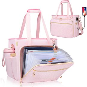 Teacher Tote Bag with Accordion File Organizer Pocket, Soft Nylon Teacher Utility Bag with 15.6 inch Laptop Compartment& USB Port, Large Work Tote Bag for Teacher Office Supplies Women (Pink)