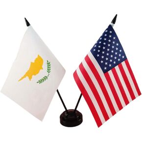 America & Cyprus Friendship Twin Desk Flag, US Cyprus Table Flags, 8 x 5 Inches American & Cypriots Deluxe Desk Flag Set - Miniature USA & Cyprus Stick Flag with Flag Stand