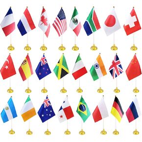 24 Pack International Country Desk Flags,Small Mini World Deluxe Table Flags Set with Stand Base，8.2 x 5.5 inches Miniature Desktop Flag