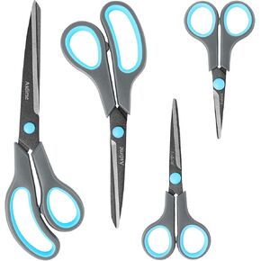 Scissors, Teflon Coating All Purpose Scissors, Non-Stick Stainless Steel Blades, Ergonomic Semi-Soft Rubber Grip, Great for Craft, Office, School, Set of 4, 10"/8.5"/6"/5", Blue&Gray