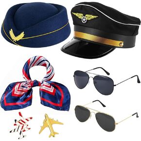 7PCS Pilot Costume Adult Men, Flight Attendant Costume Accessories for Women Stewardess Costume with Pilot Captain Hat Aviator Hat Sunglasses Scarf Brooches for Dress up Halloween