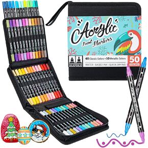50 Colors Dual Tip Acrylic Paint Pens Markers, 1mm Fine Tips and 1-5mm Dot tips Acrylic Paint Markers, Art Supplies Set for Adults, Kids, Suitable for fabric, rock, wood, glass and DIY crafts