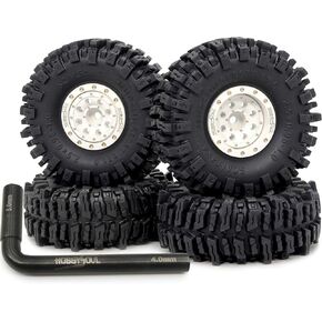 HOBBYSOUL RC Brass 1.0 beadlock Wheels and Tires, 64mm Tall 1.0 Mud Slingers Tires Tyres & Heavy 1.0 Wheels Adjustable Offset Rims for RC Micro Crawler 1/18 TRX4M 1/24 SCX24