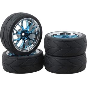 Mxfans RC 1:10 On-Road Racing Car Tires & Y Shape Wheel Rims Blue Pack of 4