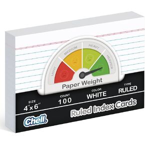 Chell Thick Ruled Index Cards 4x6 Inch Extra Heavyweight, 100 Count, Ruled Front and Blank Back, 74 lb. Cover Weight, White