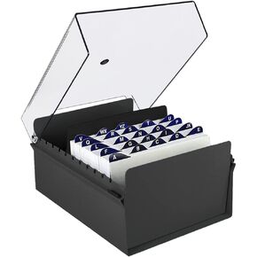 Acrimet 5 X 8 Card File Holder Organizer Box Metal Base Heavy Duty (AZ Index Cards and Divider Included) (Black Color with Clear Crystal Plastic Lid Cover)