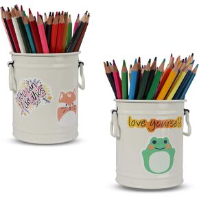 Pen Holder Cup For Desk With 60 Pcs Cute Animal & 50 Pcs Inspirational Stickers,Tinplate Pencil Holder Metal Marker Pen Organizer Desk Accessory Storage for Office Home - Barrel Shape - 2 Pack (White)