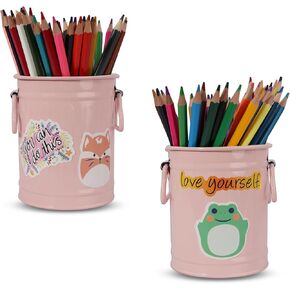 Pen Holder Cup For Desk With 60 Pcs Cute Animal & 50 Pcs Inspirational Stickers,Tinplate Pencil Holder Metal Marker Pen Organizer Desk Accessory Storage for Office Home - Barrel Shape - 2 Pack (White) in Kuwait