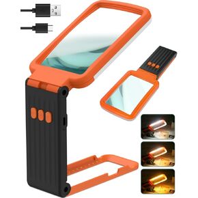 6X Magnifying Glass with Light and Stand, Rechargeable Folding Handheld Real Glass Magnifier, 3 Color Modes Dimmable Lighted Page Magnifier for Reading Small Prints, Seniors with Macular Degeneration