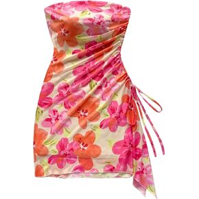 Milumia Women's Floral Ruched Mini Tube Dress Strapless Split Hem Bodycon Dresses