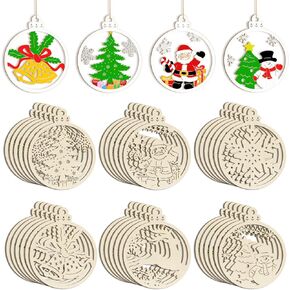 36PCS Wooden Hollow Christmas Ornaments for Paint Christmas Tree Decorations 6 Styles, DIY Blank Unfinished Wood Reindeer Santa Claus Snowman Snowflake Angle Cutouts for Crafts Winter Hanging Decora